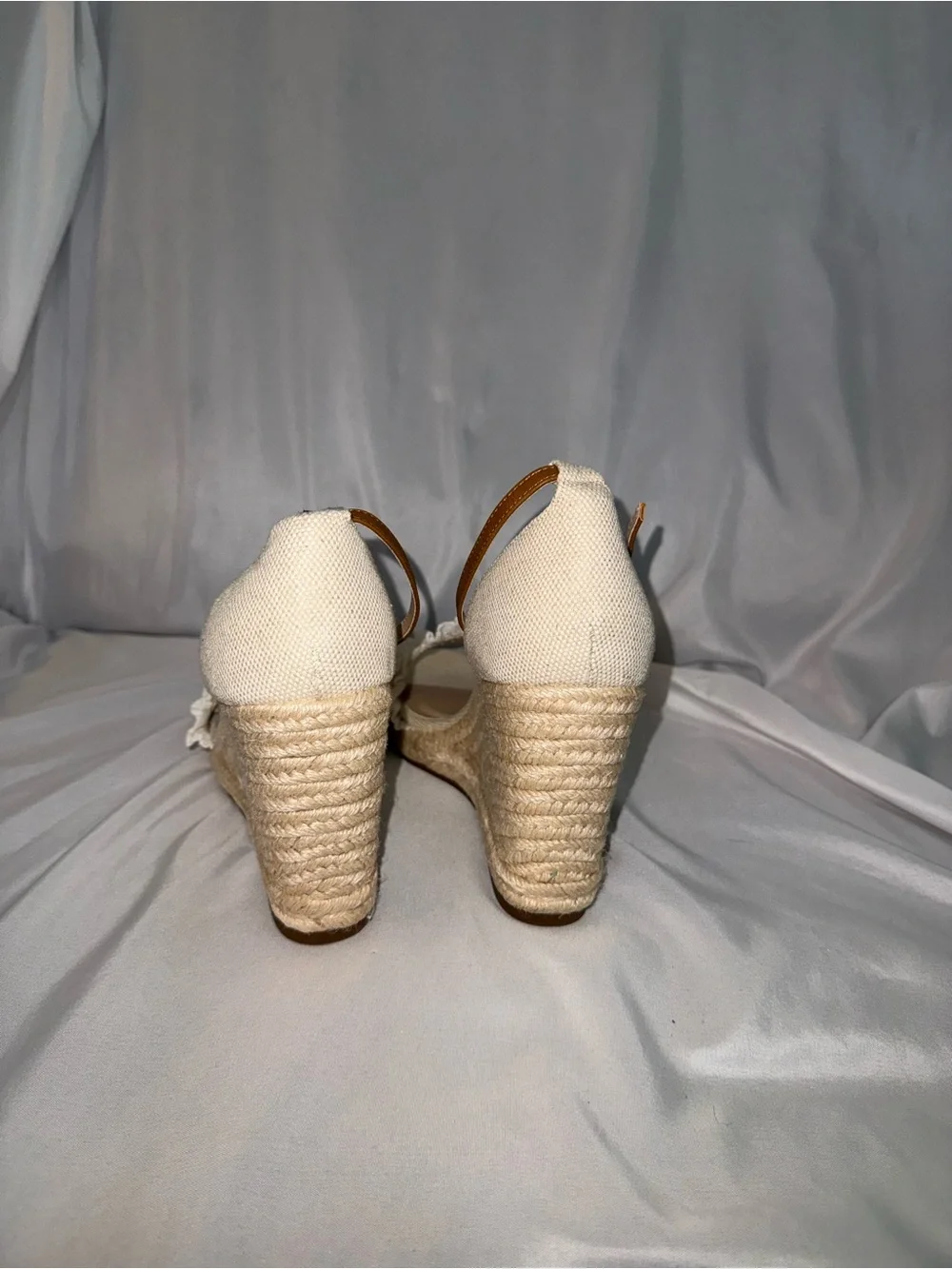 Draper James Cream Ruffle Espadrille Wedges with Tan Ankle Strap